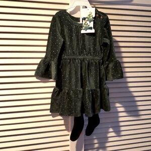 NWT Rachel Zoe Soft Green Corduroy Long-Sleeve Dress with Gold Dots, Size 18 Mos